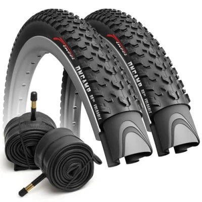 Imagen de Fincci Cubiertas MTB 27.5 Set Plegable Neumaticos 27.5x2.1 Pulgadas 54 584 con 2 Camara de Aire Schrader, Gomas Oncamp para Carretera, Bici, Electro Bicicleta Paquete componentes ciclismo