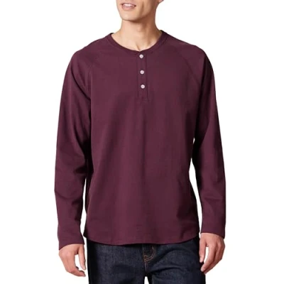 Imagen de Amazon Essentials Camiseta de manga larga con cuello Henley y corte recto (disponible en talla grandes largos especiales) Hombre, Burdeos, XL
