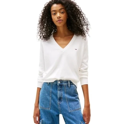 Imagen de Tommy Jeans Essential Vneck Sweater Jersey de punto, Mujer, Talla: Small, Ecru
