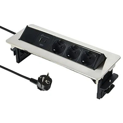 Imagen de Electraline 62570 Regleta Base Múltiple retráctil para escritorio / mesa Toma empotrada con 3 tomas Schuko + 2 USB 3.1A (1 tipo A 1 C compatible la última tecnología) 15.5W, cable 2M