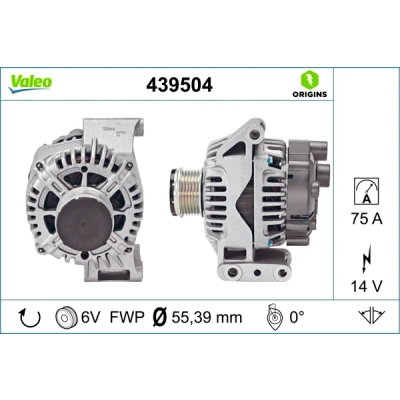 Imagen de VALEO 439504 Alternador 14V 75A OPEL: Combo C Tour, Meriva A, Astra H Berlina, FIAT: Fiorino III Furgón / Familiar, Punto II Hatchback