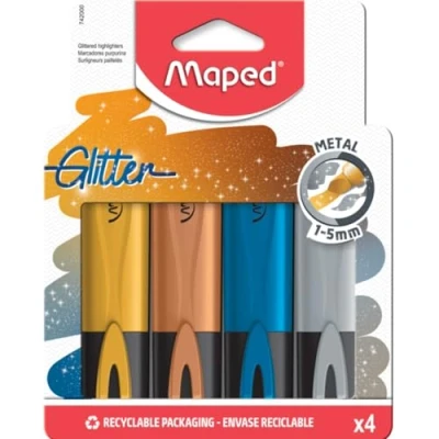 Imagen de MAPED Material Escolar Subrayadores Glitter Metal Tonos Brillantes Aplicable sobre Cualquier Papel Punta Biselada con Trazo de 1 a 5 mm Disponible en Dorado, Bronce, Azul y Plata, 742000