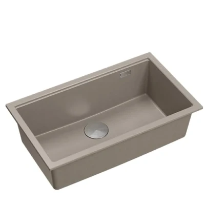 Imagen de QUADRON Fregadero de una cuba granito Cocina tamaño 70 x 37 23,5 cm Color: Topo suave y acero LOGAN 110 moderno encastrable Base armario a partir 80
