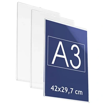 Imagen de Danieli Store Soporte de Pared Metacrilato A3 Vertical para Carteles. Expositor con Adhesivo Doble Cara y Cristal. Acrílico Transparente Avisos (3 unidades)