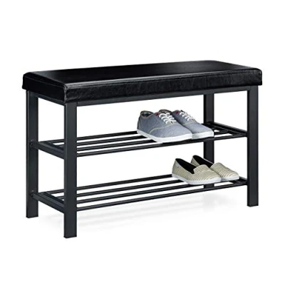 Imagen de Relaxdays Banco Zapatero, Recibidor, Entrada, Vestidor, 6 8 Pares, Metal Cuero Sintético, 2 Pisos, 49x81x31 cm, Negro, 49 x 81 32 cm