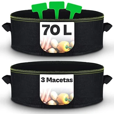 Imagen de Bolsa de Cultivo para Plantas 70L 3 Macetas Tela Grandes con Asas y Etiquetas 60cm ø 25cm Altura Jardineras Plantas, Flores, Fresas