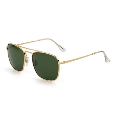 Imagen de JIM HALO Gafas de Sol Retro Cuadradas Lente Vidrio Plano Metal Anteojos Hombre Mujer(Dorado/Verde)