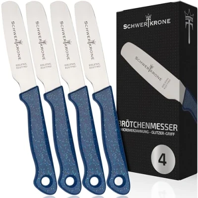 Imagen de Schwertkrone Juego de 4 cuchillos para panecillos con microdentado y mango purpurina, cuchillo desayuno acero inoxidable, 20 cm