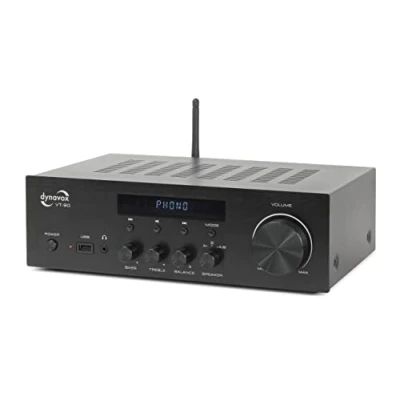 Imagen de Dynavox Amplificador estéreo Compacto VT 90, terminales de Tornillo para 4 Altavoces, Mando a Distancia, Entrada Phono, Streaming, Bluetooth, Color Negro