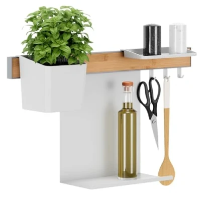 Imagen de tesa Set Organizador de Cocina P Riel Autoadhesivo con Maceta para Hierbas, 2 Repisas, Barra 3 Ganchos Montaje sin Taladrar Bambú/Blanco