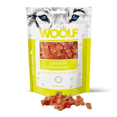Imagen de Woolf Snacks de Pollo para Perros 100g. Chuches y premios Naturales Perro en Forma pequeños Dados