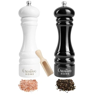 Imagen de Creative Home Molinillos Grandes de Sal y Pimienta Madera Blanco Negro Juego 2 Moledores con Mini Cuchara 18 x 5 cm Haya Natural Mecanismo Trituración Manual