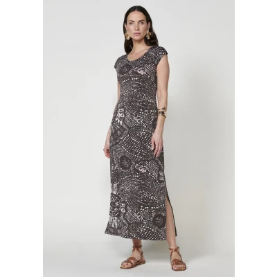 Imagen de Vestido largo elástico con estampado etnico para mujer color marron