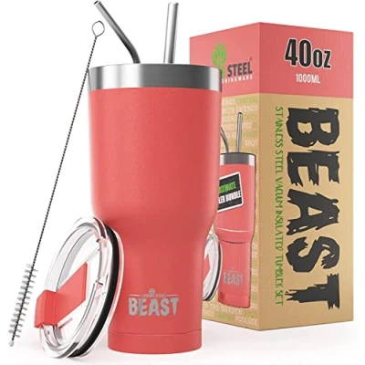Imagen de BEAST Termo Café para Llevar 1050ml I Coral Taza Térmica de Acero Inoxidable Reusable Viajera Doble Pared al Vacío 2 Pajitas y Cepillo Limpieza