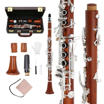 Imagen de Yinfente clarinete de madera palisandro chapado en plata, llaves maciza e blat, funda para 17 teclas + cañas almohadillas clarinetes profesionales intermedios (llave
