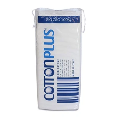 Imagen de Cotton Plus ZIG ZAG 100 g Línea médica 100% puro algodón hidrófilo cardado para uso médico Suave y absorbente.