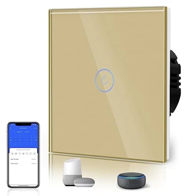 Imagen de BSEED Interruptor de Luz Táctil Inteligente WIFI, Pared con Panel Cristal Compatible Alexa/Tuya/Smart Life (Requiere Cable Neutro) 1 Gang Vía Oro