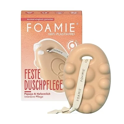Imagen de Foamie Gel de ducha sólido con papaya y leche avena, efecto masaje, 100% vegano, silicona plástico no probado en animales, para cuidados intensivos, 80 g