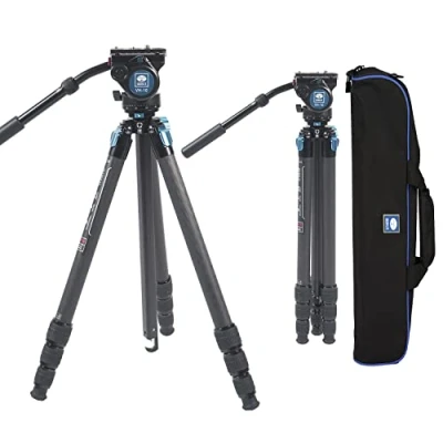 Imagen de SIRUI ST 224+VH 10 trípode profesional de fibra carbono con cabezal video fluido 360, cámara impermeable 72 pulgadas columna central triangular, carga 14 libras