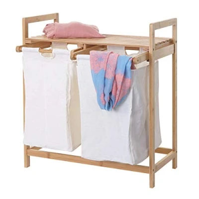 Imagen de Mendler Cesto HWC de B83, Laundry Caja para la ropa sucia colada, bambú 2 compartimentos 74 x 64 33 cm 70L