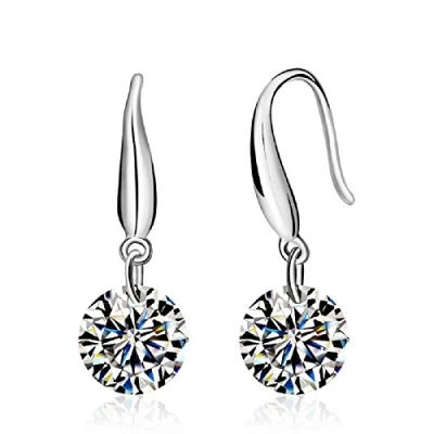 Imagen de Crystalline Azuria Mujer 18ct Chapado en Oro Blanco Boda Redondo Cristales de Zirconia Pendientes Colgantes para y Niña