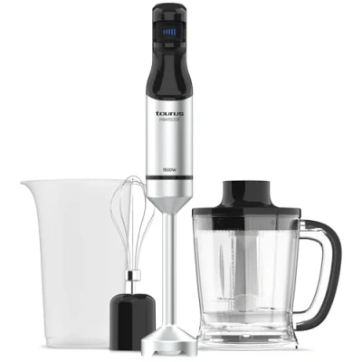 Imagen de Taurus Batidora de mano 1500W Potencia Regulador 20 velocidades ajustable Función Turbo Cuchillas acero inoxidable Pica hielo Diseño ergonómico Vaso medidor 700 ml Inox