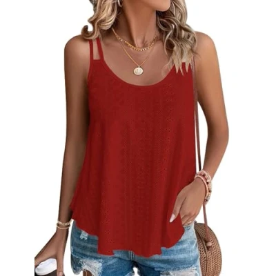 Imagen de WNEEDU Camisetas sin Mangas de Verano para Mujer Chalecos Top Loost Fit Camisas Casuales Chaleco Bordado con Ojales Blusas Cami Camisola Rojo S