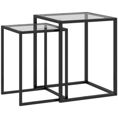 Imagen de HOMCOM Conjunto de 2 Mesas Auxiliares Cuadradas Juego Centro Apilables con Encimera Vidrio Templado y Marco Acero para Salón 33x33x45,5 cm 42x42x51 Negro