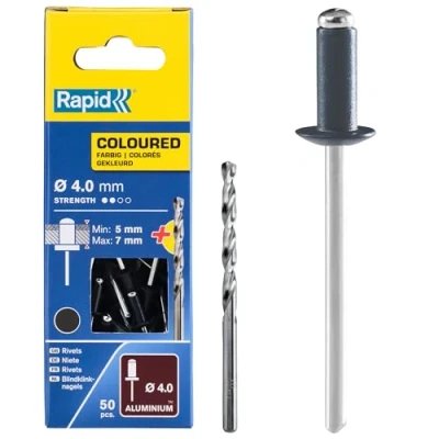 Imagen de Rapid Remaches de Aluminio Gran Resistencia, Gris Antracita, Ø4 x 10 mm 4 para Canalones, Tuberías y Chapa Metálica Incluye Taladro 50 Unidades, Embalaje Cartón (5001465)