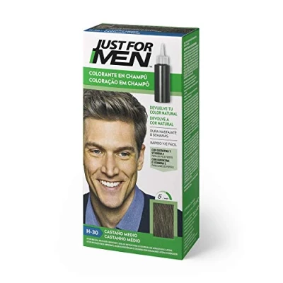 Imagen de Just For Men Champú colorante para cabello masculino, elimina las canas y rejuvenece el en 5 minutos, 30 ml, marrón medio (El Empaque Puede Variar)