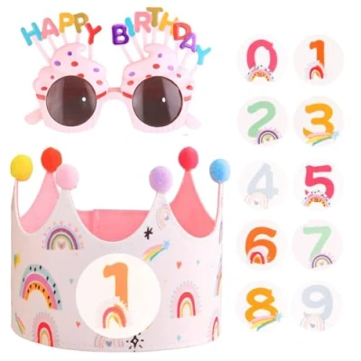 Imagen de Corona Cumpleaños, para cumpleaños con Números Intercambiables del 0 al 9, Ajustable, Tela de Fieltro Doble Capa, Fiesta Infantil,