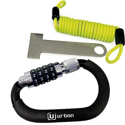 Imagen de URBAN UR140 Candado Casco Moto, Mosqueton con Código 4 Digitos Más Seguro, Adaptador T Hebilla, Cable Seguridad Acero Trenzado Visible, Accesorio Antirrobo Universal para Moto Bicicleta