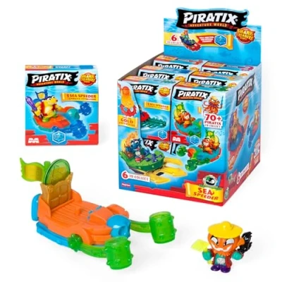 Imagen de Piratix ADVENTURE WORLD Serie Shark Treasure, Display con 12 Sea Speeder, Barco monoplaza de Piratix, Contiene Sorpresa, Accesorio Cristal, Tesoro Efecto Cristal