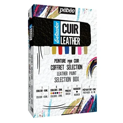 Imagen de PEBEO Kit Setacolor cuero Pintura acrílica y rotulador para polipiel Personalización de bolso, zapato, zapatilla Resistente a arañazos, arrugas abrasión Set completo