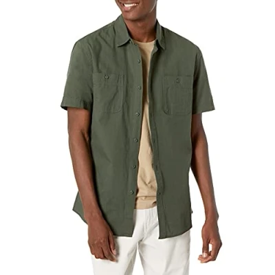 Imagen de Amazon Essentials Camisa de Manga Corta Corte Regular en Chambray Hombre, Verde Oliva, XXL