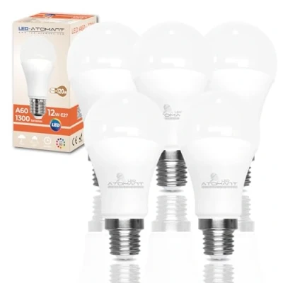 Imagen de LED ATOMANT Pack 5x Bombilla E27 A60 12W. Color Blanco Calido (3000K). 1120 Lumenes. Casquillo grueso. Equivalente a 100W tradicional. No regulable.