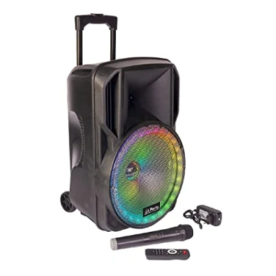 Imagen de PARTY 12RGB LIGHT &amp; SOUND Altavoz a pilas de 12&quot;/30cm 700W con 1 micrófono VHF inalámbrico y efecto luz en el woofer Bluetooth, USB, MICRO SD AUX Negro