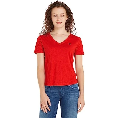 Imagen de Tommy Jeans Mujer Camiseta Manga Corta TJW Slim Soft Cuello de Pico, Rojo (Deep Crimson), S