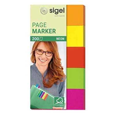 Imagen de SIGEL HN650 Marcapáginas de papel adhesivos, funda 200 tiras 50 x 20 mm, 5 colores neón