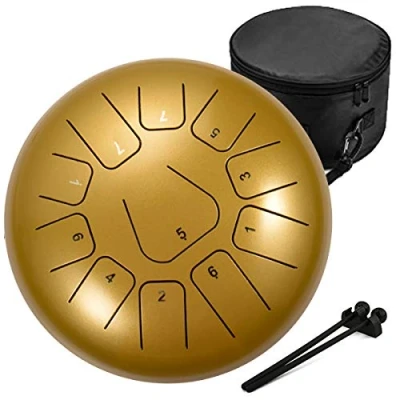 Imagen de AMKOSKR Tambor de Lengua Acero 10 Pulgadas 25cm 11 Notas C Chiave,Instrumento Percusión Mano para Niño con Mazos y Bolsa Transporte(Dorado)