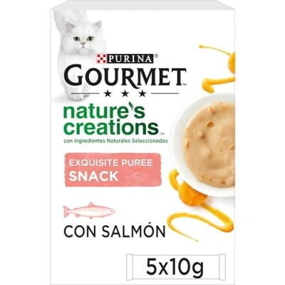 Imagen de Purina Gourmet Nature&#039;s Creations Puree, Snack, premio para Gato con Salmón y Zanahoria, 11 Packs de 5 sobres 10g 55