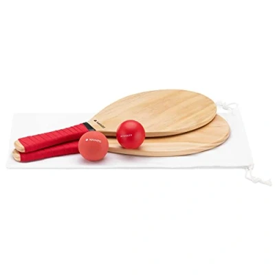 Imagen de Navaris Palas de Playa Madera Set 2X Raqueta con Mango Antideslizante Pelota Diferente Peso y 1x Bolsa Raquetas para niños Adultos