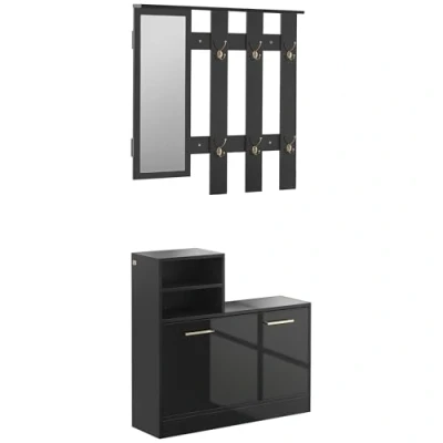 Imagen de HOMCOM Conjunto de Recibidor Entrada con Espejo Perchero y Zapatero Muebles 6 Ganchos Estantes para 8 Pares Zapatos Pasillo Negro Brillante