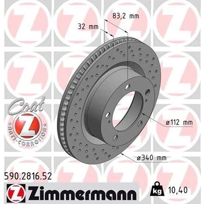 Imagen de ZIMMERMANN 590.2816.52 Disco de freno 340 32 7/5 5 150 ventilación interna, perforado revestido TOYOTA: Land Cruiser 200