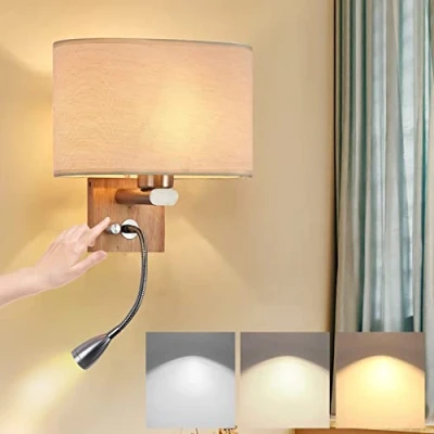 Imagen de Lámpara de pared Madera Regulable Aplique LED Interior con Foco Luz Lectura Orientable Flexible e Interruptor Pantalla Textil E27 Lámparas Cabecera para Dormitorio Salón Escalera