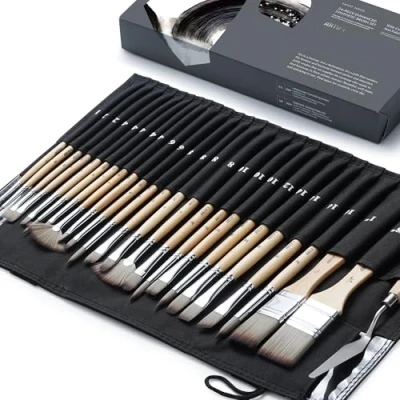Imagen de ARTIFY Juego de 24 brochas para Pintura, Serie Expert, sintéticas mejoradas con Rollo Lienzo y espátula Gouache Acuarela Aceite acrílico (Abedul)