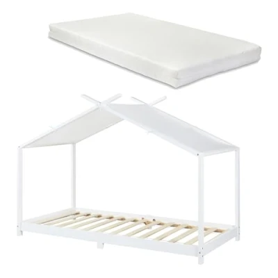 Imagen de [en.casa] Cama para Niños Brome con Techo de Textil Desmontable Infantil Colchón y Somier Estructura en Forma Casa Estilo Montessori 90 x 200 cm Madera Pino Blanco