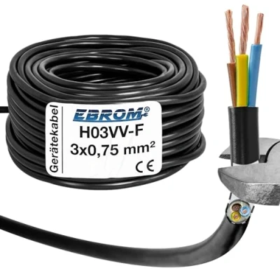 Imagen de EBROM cable de plástico redondo, cable, alimentación, dispositivo H03VV F 3 x 0,75 mm², color: negro, muchas longitudes en incrementos 5 metros hasta 200 3G0,75