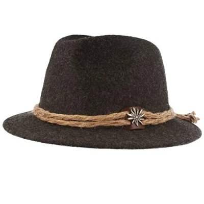 Imagen de Breiter Sombrero Tradicional de Fieltro Senderismo Estilo Tirolés 100% Lana con Cordón Cáñamo, Flor Edelweiss y ala Estrecha Gris L