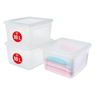 Imagen de Iris Ohyama 3 Cajas de Almacenaje Plástico Versátiles con Tapa, 18L, Transparente, Cierre fácil, Apilable, para Armario, Estante, Aula, Organizadora, Ropa, Zapatos, Libre BPA, MCB 18